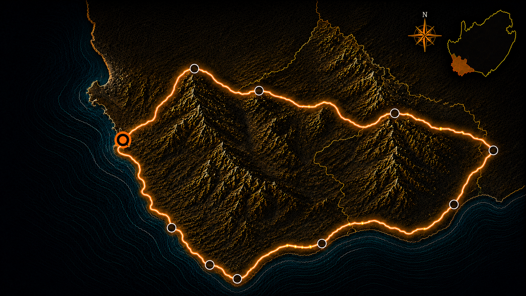 Cape Grand Expedition route map showing 12 iconic mountain passes across the Western Cape and Garden Route.