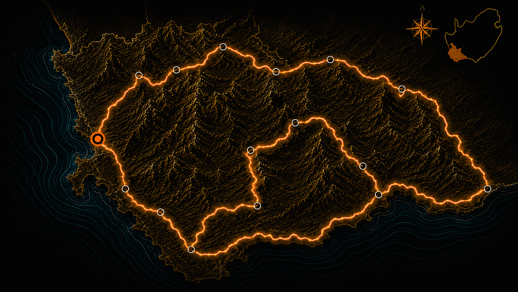 Cape Odyssey Expedition route map showing the gravel route across remote Western Cape mountain passes and the Karoo.